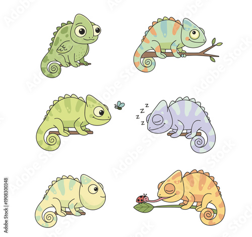Adorable Chameleon Lizard Character Set with Various Colorful Patterns and Poses Including Resting and Hunting Insects Cartoon Vector Illustration