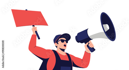 Protester or activist character shouting into a megaphone while holding a blank red sign for social justice and advocacy.