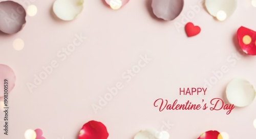 Romantic message with scattered flower petals and a small heart on a pale background