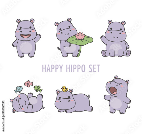 Happy hippo character set showing cute purple hippopotamus in various activities like waving holding a lotus flower and playing with fish