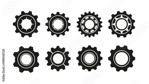 Set of Black Gears, Cogwheels, and Sprockets Icons on White Background