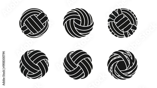 Set of Black Sepak Takraw Balls Icons, Traditional Southeast Asian Sport Equipment