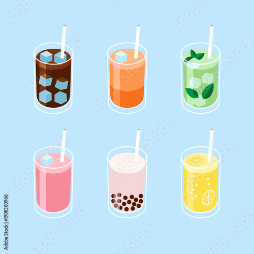 Set of refreshing cold drinks and beverages in glasses with straws including iced coffee bubble tea and lemonade on light blue background