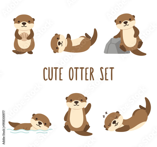 Cute sea otter character set in various poses like swimming sleeping and holding a shell for wildlife conservation and aquatic animal design