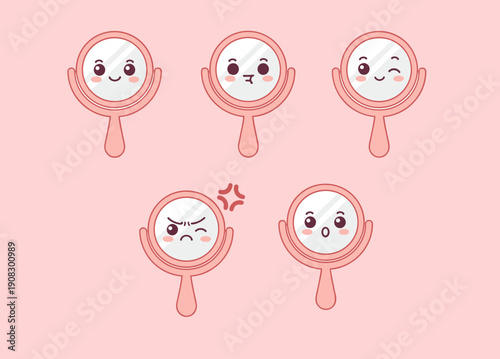 Cute pink hand mirror character set with various funny facial expressions and emotions for beauty accessories and cosmetic product design