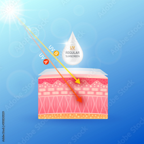 Regular sunscreen UV protection. White cream drop are absorbed into the skin. Red orange arrows light UVA UVB ultraviolet penetrate cell skin layers attacks. For design cosmetic products ads. Vector.