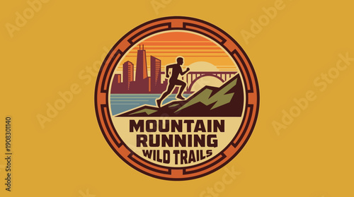 Mountain Running Wild Trails Logo - Silhouette Runner Against City and Nature