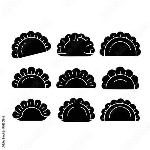 Set of Dumpling Icons: Diverse Shapes and Styles, Black Silhouette on White Background