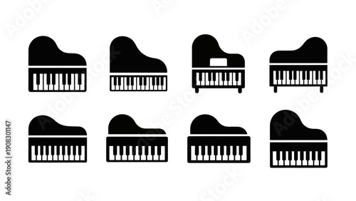 Set of diverse piano icons, grand and upright silhouettes, musical instrument collection