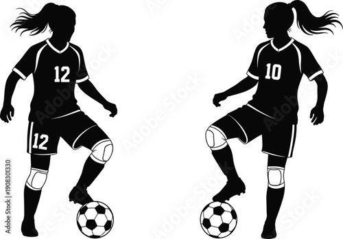 Female soccer player silhouettes dribbling ball, athletic women football action, sports uniform poses, isolated black figures, white background illustration