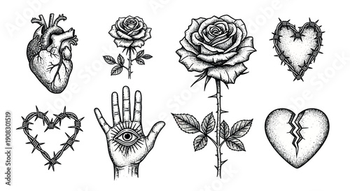 A collection of eight black and white illustrations featuring hearts, roses, and a hand with an eye on the palm, showcasing various Valentine's Day-themed designs in a brutalist style