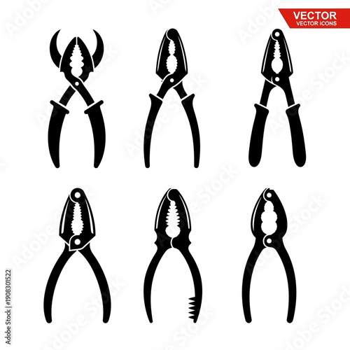 Set of Six Black Pliers Icons, Vector Tools Collection