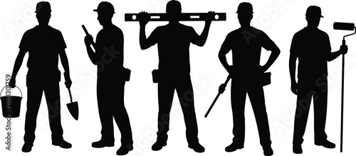 Construction worker silhouette set, builder and handyman with tools, bucket, shovel and paint roller, black vector labor icon collection isolated on white background