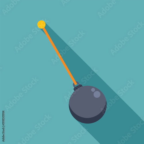 Wrecking ball swinging on a chain, casting a long shadow on a blue background