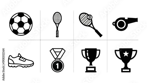 Sports Icons: Soccer ball, tennis racket, whistle, shoe, medal, trophy