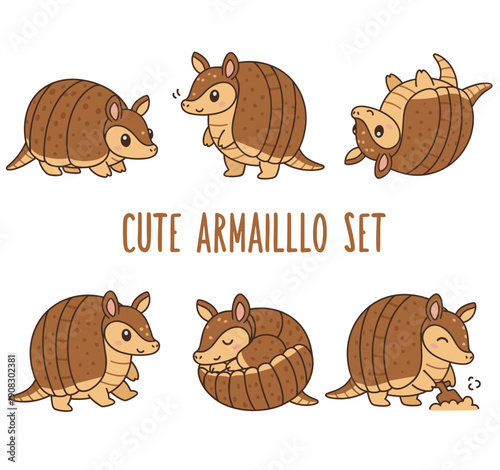 Cute armadillo character set showing various poses and activities like sleeping and digging, hand drawn cartoon animal collection in flat vector style for children