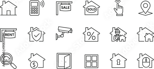 Real Estate Line Icon Set: Property Sales, Rental, Mortgage, and Home Security Vector Symbols