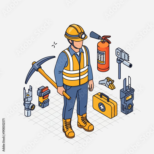 Construction worker with safety gear and tools.