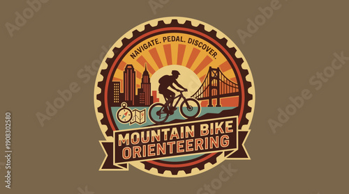 Mountain Bike Orienteering Event Emblem Featuring a Cyclist and Scenic Cityscape