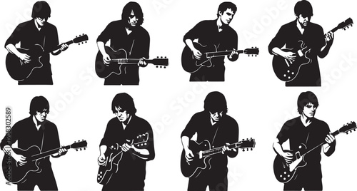 Silhouette of a man playing guitar in various poses