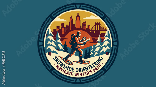 Snowshoe Orienteering Navigate Winter's Path Emblem With Cityscape