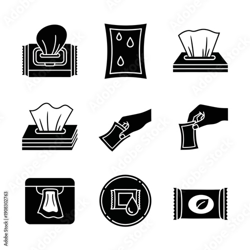 Wet Wipes Icons Set: Packaging, Dispensing, and Individual Packets