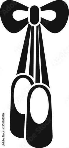 Ballet pointe shoes in silhouette hanging from a decorative ribbon on a white background