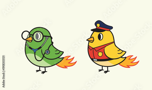 Innovative green doctor bird and yellow police bird characters flying with fire jet engines on their tails conceptual professional avatars