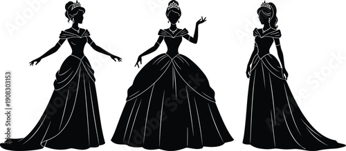 Elegant princess silhouettes in ornate ball gowns, royal fashion illustration, graceful feminine artwork showcasing classic fairytale dress designs for creative projects – flavector