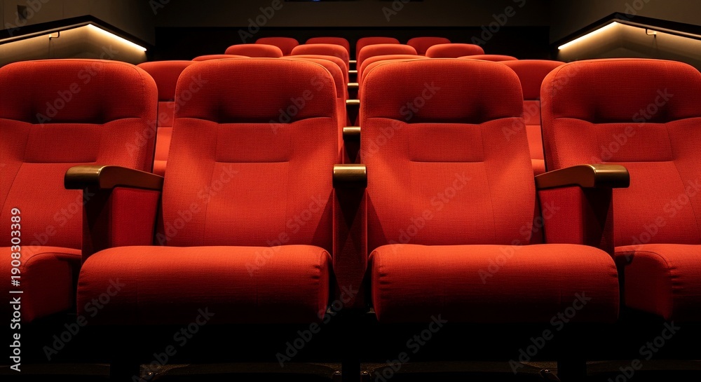 Obraz premium Empty red cinema seats with dramatic lighting, ready for a film screening