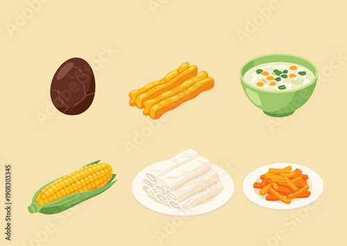 Traditional Chinese breakfast food set with congee, deep fried dough sticks, corn, tea egg, rice rolls and pickles, flat vector illustration.
