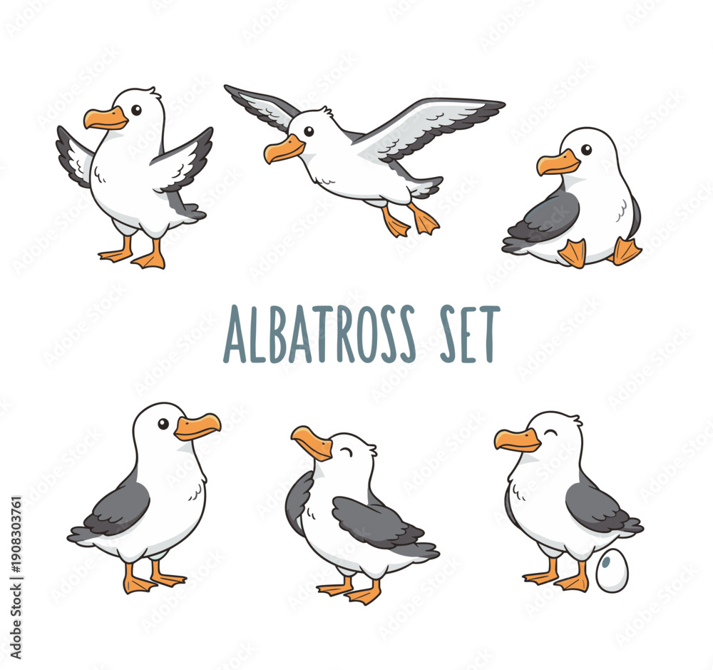 Obraz premium Albatross Sea Bird Character Set with Flying and Resting Poses for Marine Life Education and Coastal Wildlife Nature Conservation Graphic Designs