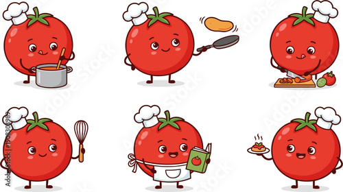 Cute Cartoon Chef Tomatoes Engaged in Various Culinary Activities Set
