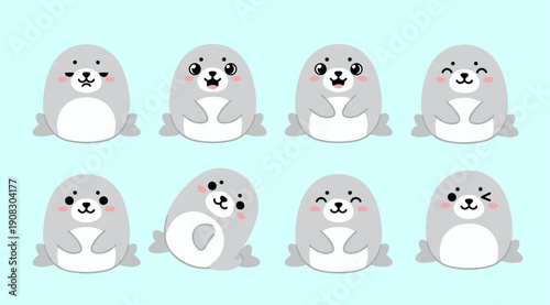 Adorable Seal Character Set with Various Poses and Cute Facial Expressions, Kawaii Animal Vector Illustration for Marine Life and Nature Themes