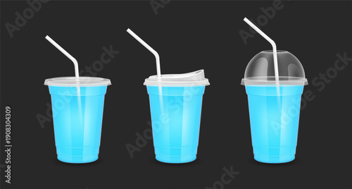 Mockup fruit juice in plastic cup transparent. Glass with Flat lid Dome lid Sip lid straw tube. Blue water for design drink menu cafe or restaurants. Collection packaging drink 3D Realistic vector.