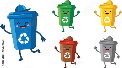 Cute Cartoon Recycling Bins Waving Hello With Happy Faces And Smiling Eyes