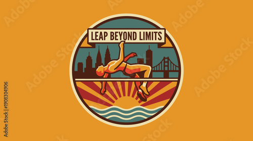 High Jumper Leaping Over Sunset with Cityscape and Bridge in Emblem Style