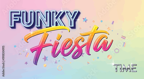 Funky Fiesta text effect, colorful gradient background with confetti, for banner or poster, vector illustration