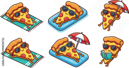 Pixel Art Pizza Slices Enjoying Summer Vacation Activities Beach Relaxation Reading Book Under Umbrella