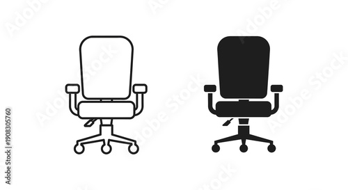 A minimalist depiction showcases an office chair in both a line drawing and solid black silhouette high quality