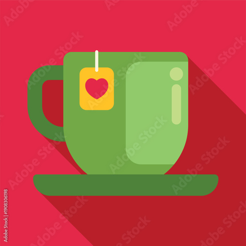 Green cup and saucer with a teabag featuring a red heart on a red background