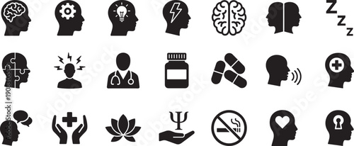 Mental health icons set in modern outline style for psychology, therapy, wellbeing, awareness and healthcare UI