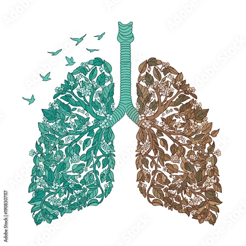 Human lungs shape formed by green leaves and flying birds represent health and nature