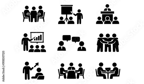 Corporate meeting glyph icons vector collection with teamwork seminar workshop and business collaboration symbols
