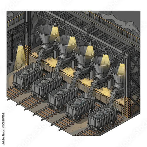 Industrial coal processing facility with conveyor belts and storage containers.
