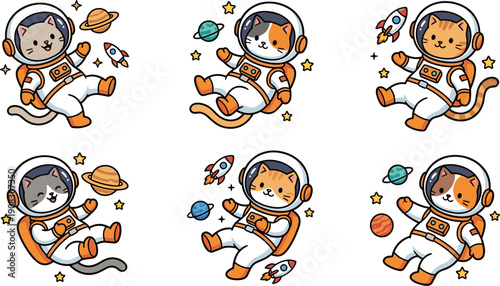 Six Pixel Art Astronaut Cats Floating In Outer Space With Planets Rockets And Stars