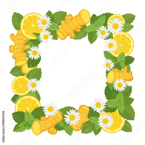 Ginger lemon mint and chamomile square frame for wellness and natural health products