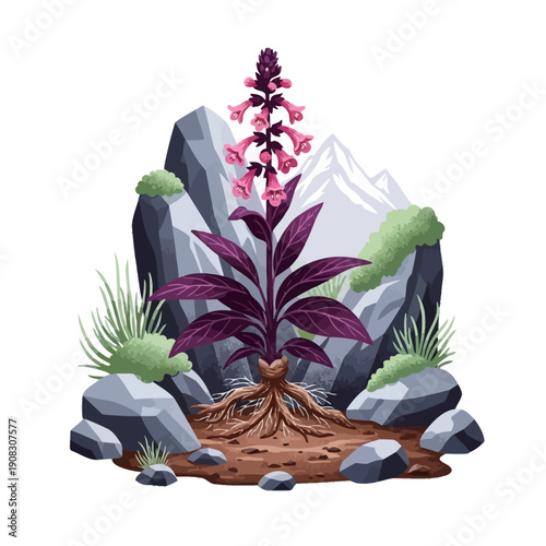 Foxglove plant with purple leaves and pink flowers growing among rocks