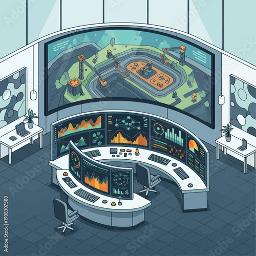 Modern control room with large screens and monitoring systems.