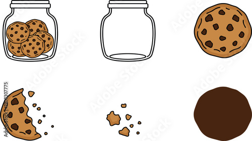 Chocolate Chip Cookies Vector Illustration Set with Cookie Jars Whole and Bitten Biscuits Crumbs and Dark Silhouette Icons